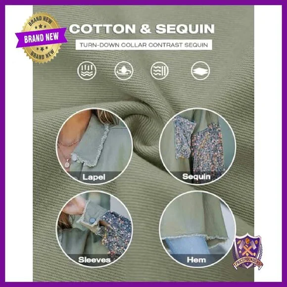 Oversized Denim Shacket with Sequin Patchwork Long Sleeves - Picture 7 of 8